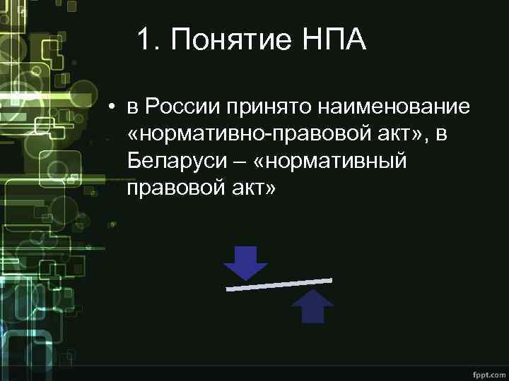 1. Понятие НПА • в России принято наименование «нормативно-правовой акт» , в Беларуси –