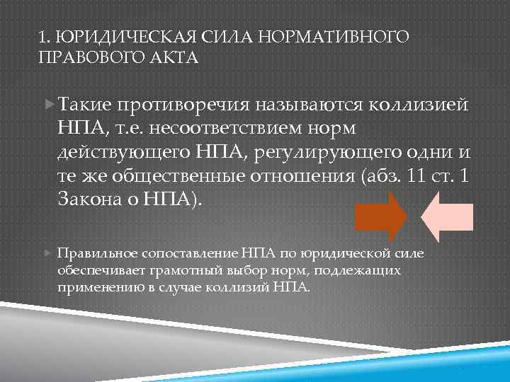 1. ЮРИДИЧЕСКАЯ СИЛА НОРМАТИВНОГО ПРАВОВОГО АКТА Такие противоречия называются коллизией НПА, т. е. несоответствием