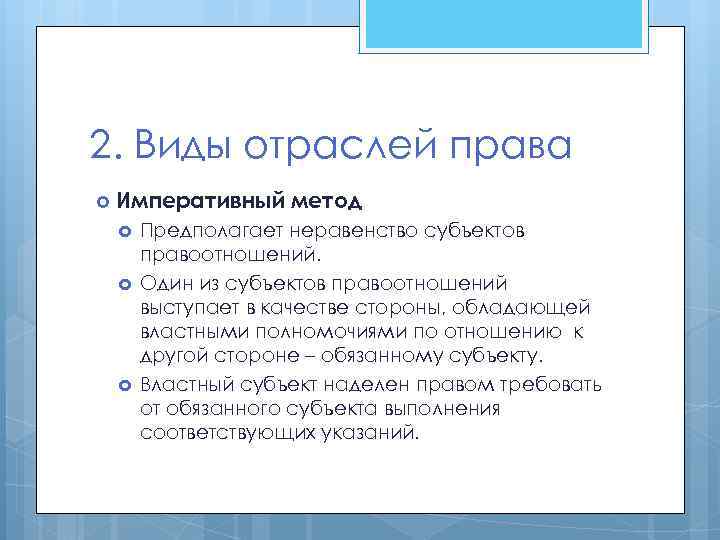 2. Виды отраслей права Императивный метод Предполагает неравенство субъектов правоотношений. Один из субъектов правоотношений