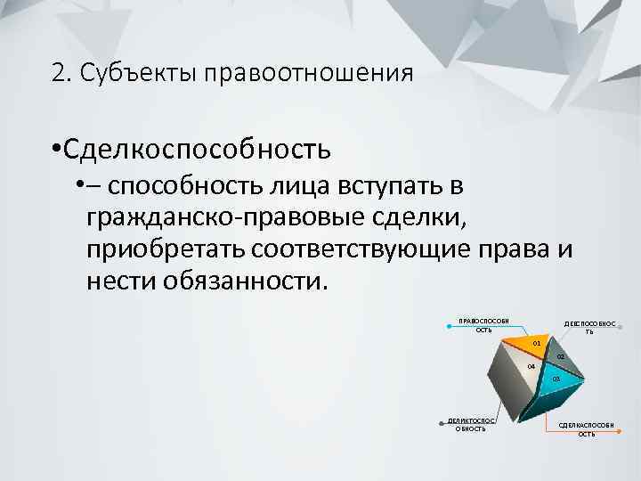 2. Субъекты правоотношения • Сделкоспособность • – способность лица вступать в гражданско-правовые сделки, приобретать