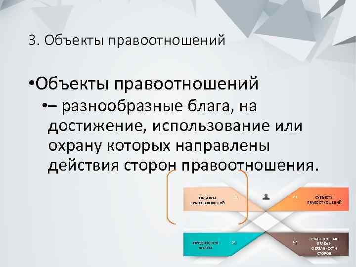 3. Объекты правоотношений • – разнообразные блага, на достижение, использование или охрану которых направлены