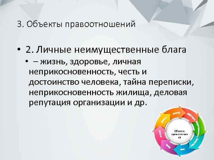 3. Объекты правоотношений • 2. Личные неимущественные блага • – жизнь, здоровье, личная неприкосновенность,