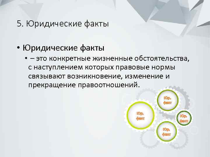 5. Юридические факты • Юридические факты • – это конкретные жизненные обстоятельства, с наступлением