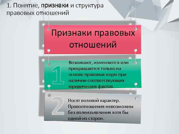 1. Понятие, признаки и структура правовых отношений Признаки правовых отношений 1 2 Возникают, изменяются