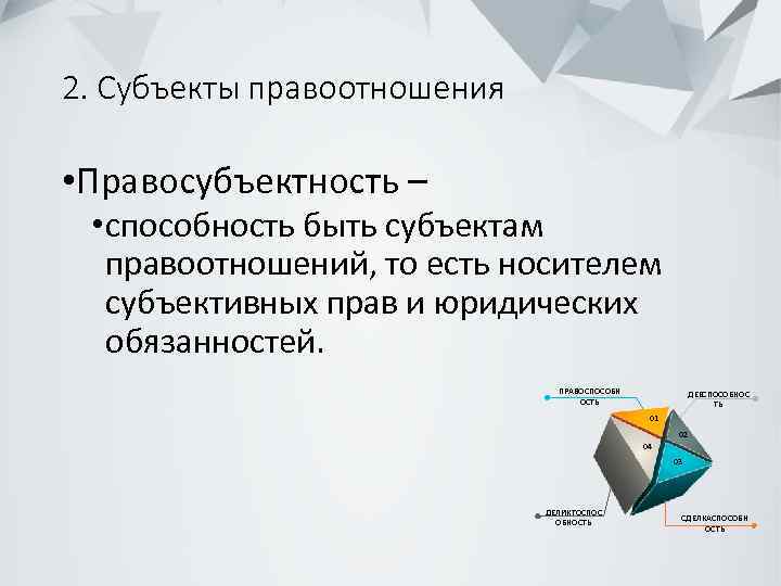 2. Субъекты правоотношения • Правосубъектность – • способность быть субъектам правоотношений, то есть носителем