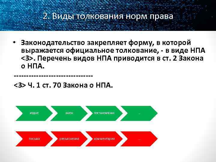 2. Виды толкования норм права • Законодательство закрепляет форму, в которой выражается официальное толкование,