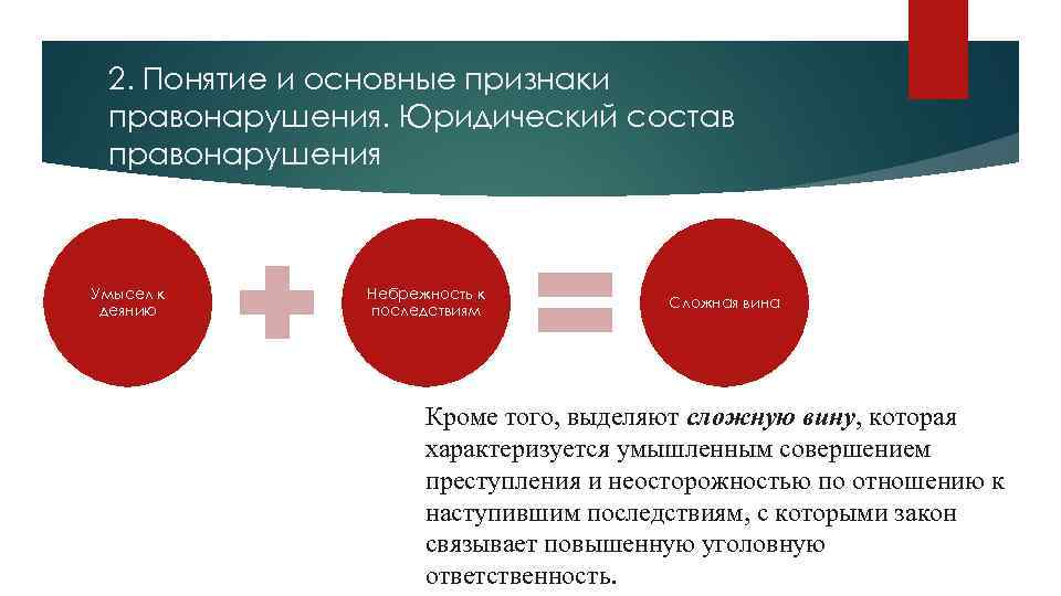 2. Понятие и основные признаки правонарушения. Юридический состав правонарушения Умысел к деянию Небрежность к