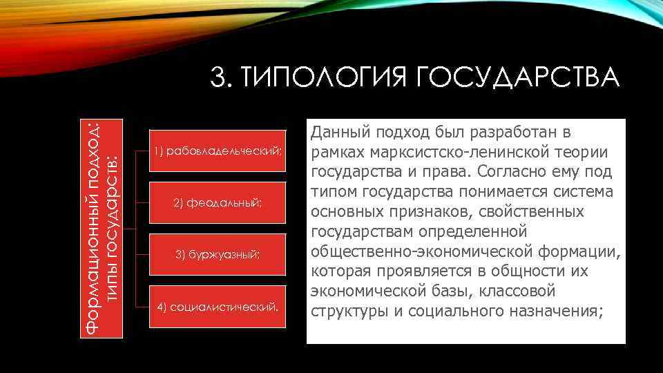 Формационный подход: типы государств: 3. ТИПОЛОГИЯ ГОСУДАРСТВА 1) рабовладельческий; 2) феодальный; 3) буржуазный; 4)
