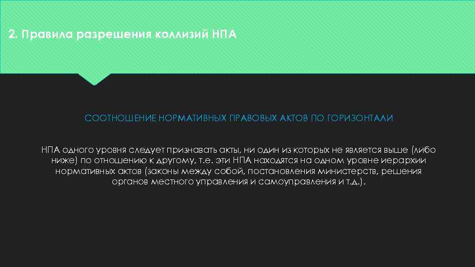 2. Правила разрешения коллизий НПА СООТНОШЕНИЕ НОРМАТИВНЫХ ПРАВОВЫХ АКТОВ ПО ГОРИЗОНТАЛИ НПА одного уровня