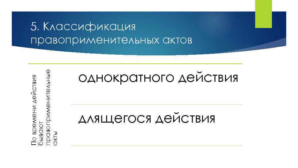 По времени действия бывают правоприменительные акты 5. Классификация правоприменительных актов однократного действия длящегося действия