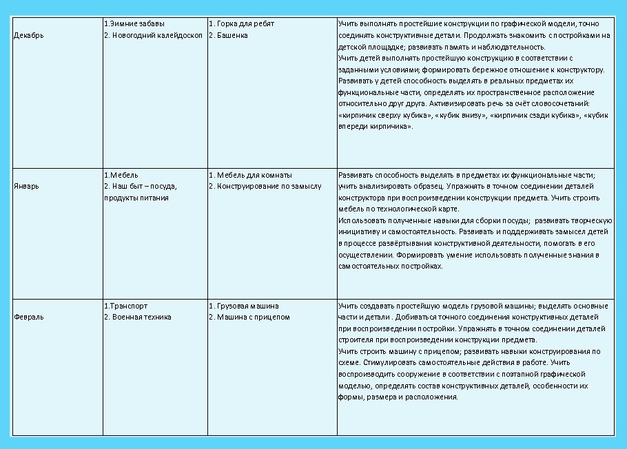 Декабрь Январь Февраль 1. Зимние забавы 1. Горка для ребят 2. Новогодний калейдоскоп 2.