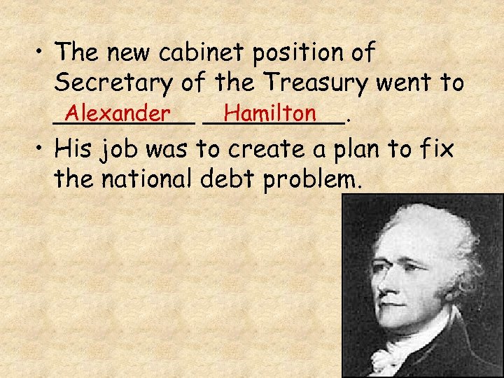  • The new cabinet position of Secretary of the Treasury went to Alexander