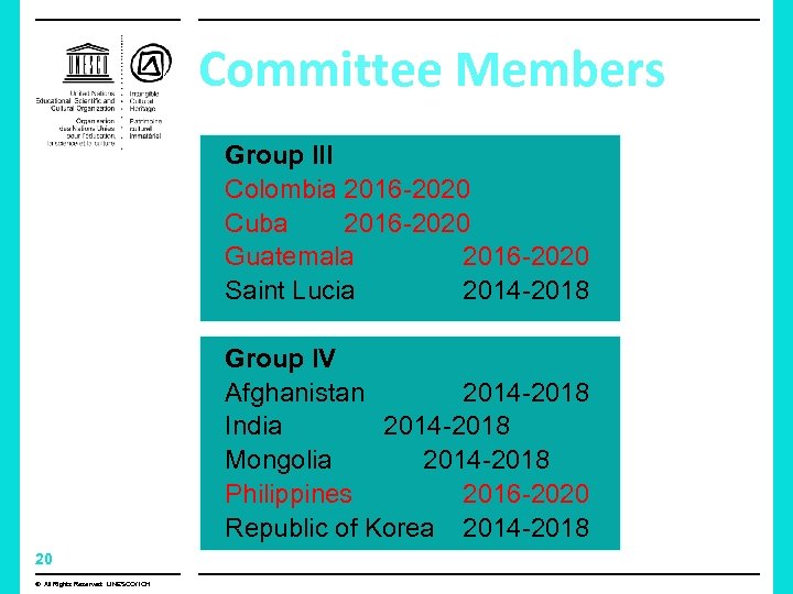 Committee Members Group III Colombia 2016 -2020 Cuba 2016 -2020 Guatemala 2016 -2020 Saint