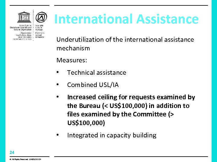 International Assistance Underutilization of the international assistance mechanism Measures: • • Increased ceiling for