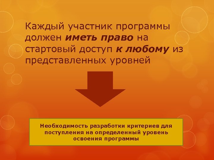 Каждый участник программы должен иметь право на стартовый доступ к любому из представленных уровней