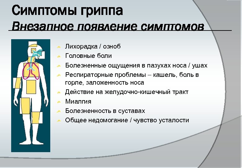 Симптомы гриппа Внезапное появление симптомов Лихорадка / озноб Головные боли Болезненные ощущения в пазухах