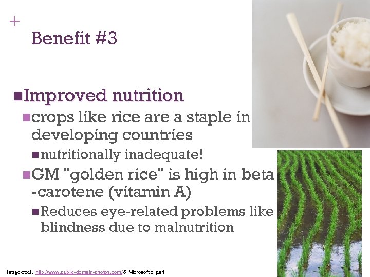 + Benefit #3 n. Improved nutrition ncrops like rice are a staple in developing