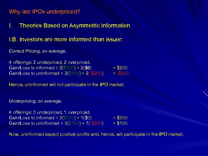 Why are IPOs underpriced? I. Theories Based on Asymmetric Information I. B. Investors are