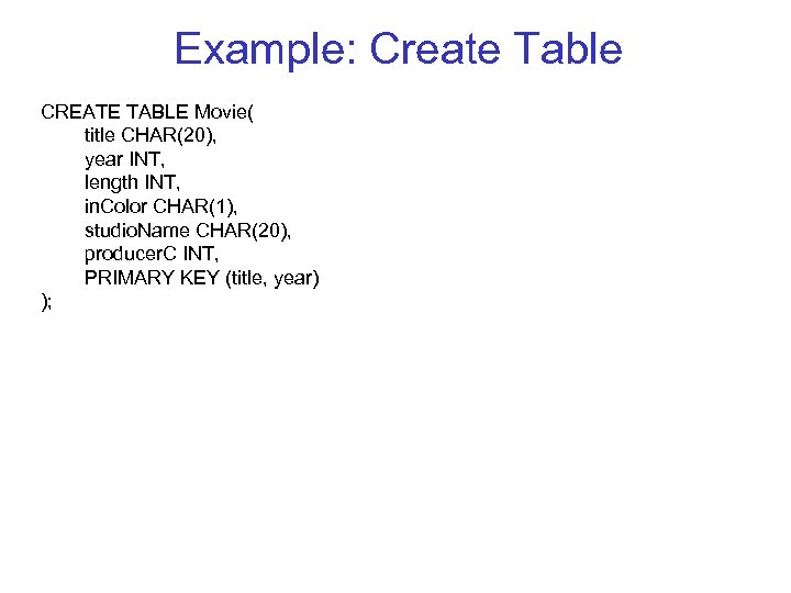 Example: Create Table CREATE TABLE Movie( title CHAR(20), year INT, length INT, in. Color