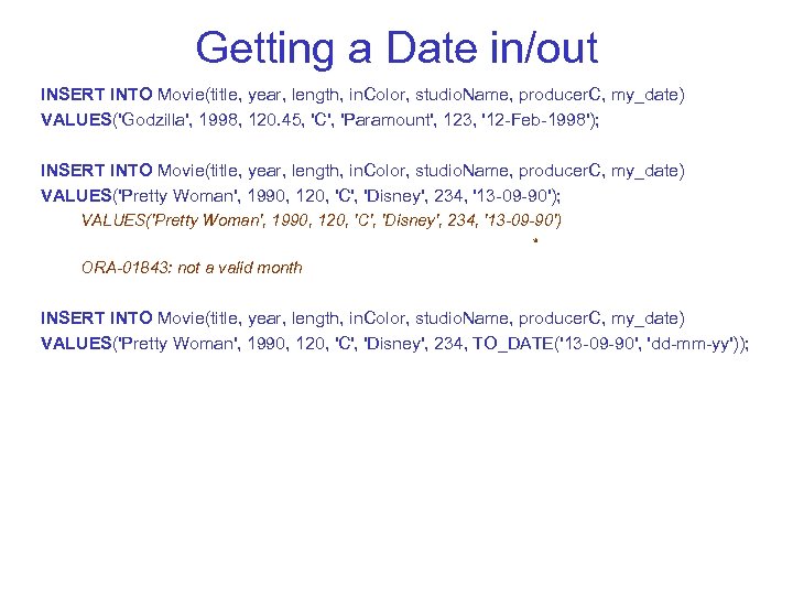 Getting a Date in/out INSERT INTO Movie(title, year, length, in. Color, studio. Name, producer.