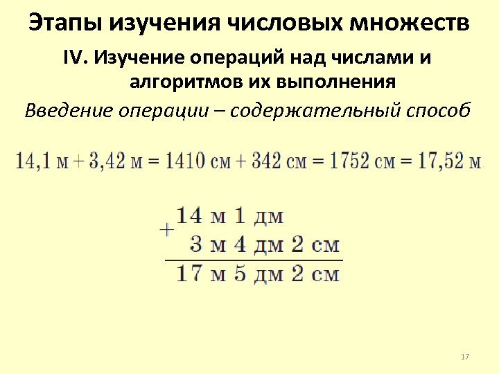 Этапы изучения числовых множеств IV. Изучение операций над числами и алгоритмов их выполнения Введение