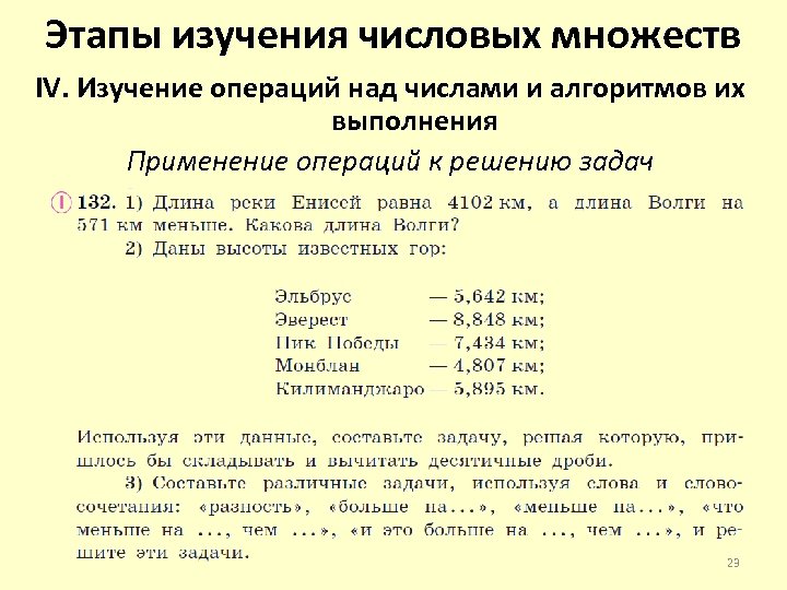 Этапы изучения числовых множеств IV. Изучение операций над числами и алгоритмов их выполнения Применение