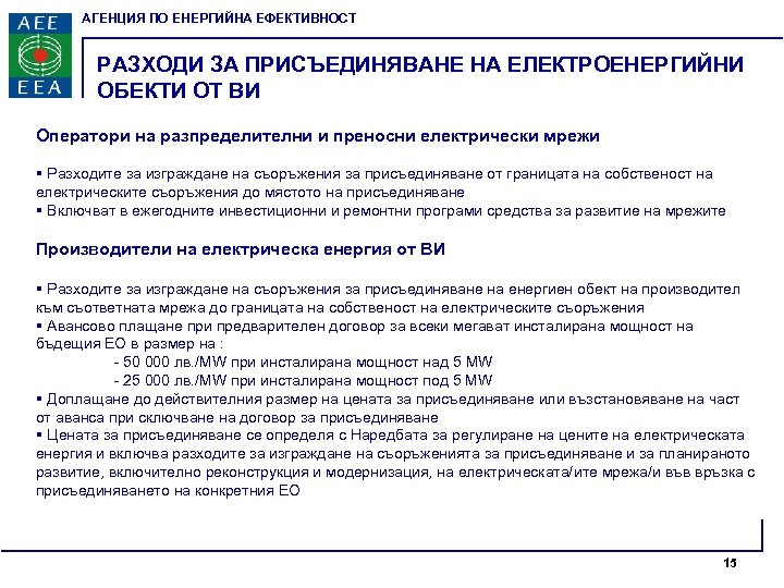 АГЕНЦИЯ ПО ЕНЕРГИЙНА ЕФЕКТИВНОСТ РАЗХОДИ ЗА ПРИСЪЕДИНЯВАНЕ НА ЕЛЕКТРОЕНЕРГИЙНИ ОБЕКТИ ОТ ВИ Оператори на