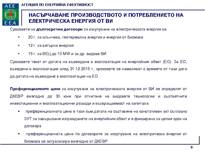 АГЕНЦИЯ ПО ЕНЕРГИЙНА ЕФЕКТИВНОСТ НАСЪРЧАВАНЕ ПРОИЗВОДСТВОТО И ПОТРЕБЛЕНИЕТО НА ЕЛЕКТРИЧЕСКА ЕНЕРГИЯ ОТ ВИ Сроковете