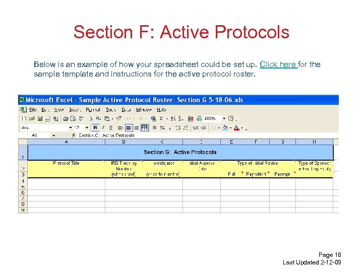 Section F: Active Protocols Below is an example of how your spreadsheet could be