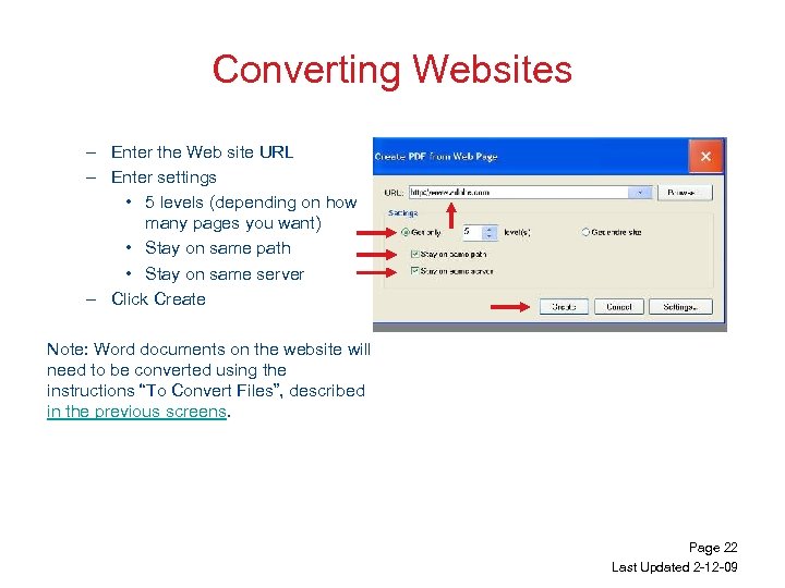 Converting Websites – Enter the Web site URL – Enter settings • 5 levels