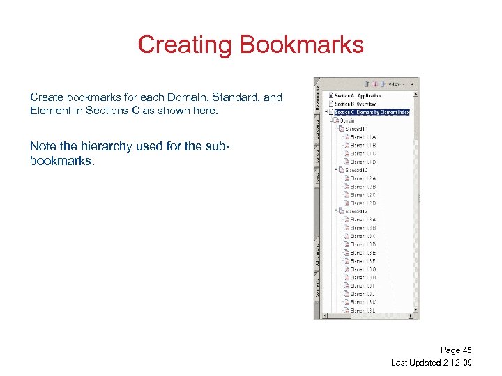 Creating Bookmarks Create bookmarks for each Domain, Standard, and Element in Sections C as