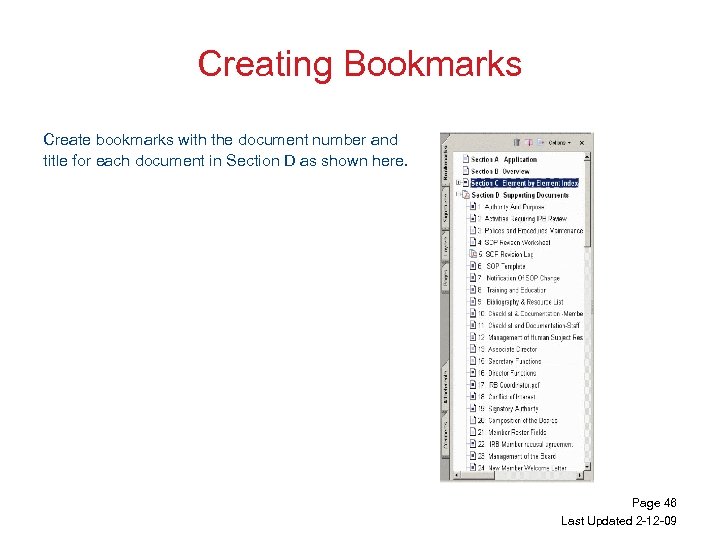 Creating Bookmarks Create bookmarks with the document number and title for each document in