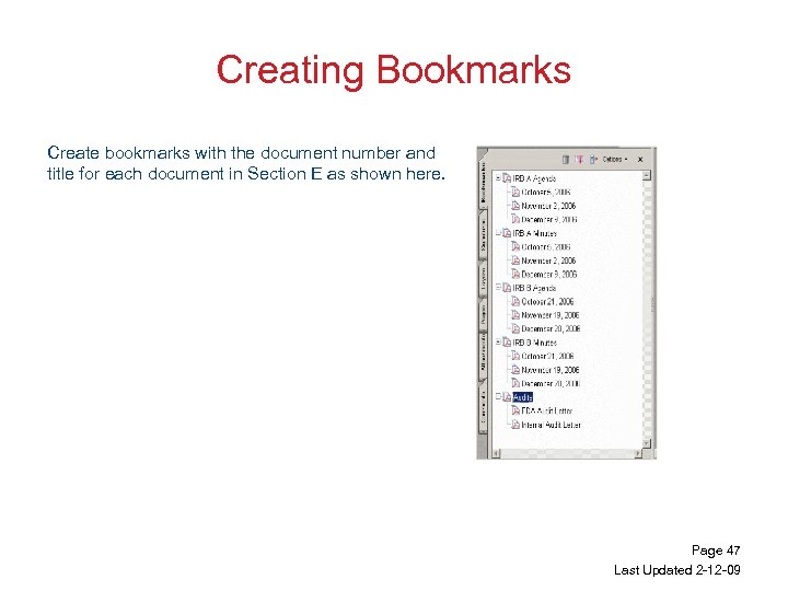 Creating Bookmarks Create bookmarks with the document number and title for each document in