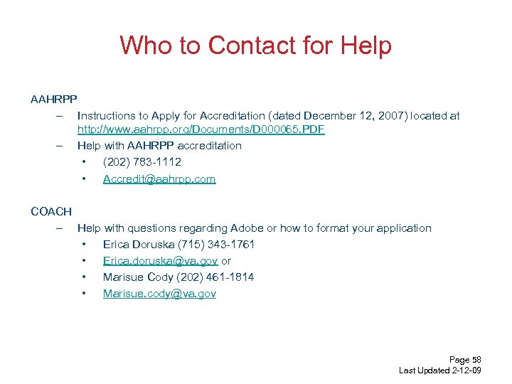 Who to Contact for Help AAHRPP – Instructions to Apply for Accreditation (dated December
