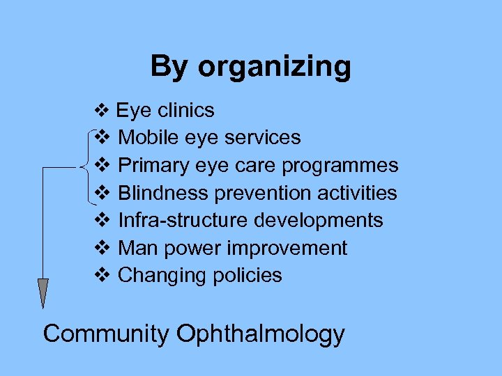 By organizing v Eye clinics v Mobile eye services v Primary eye care programmes