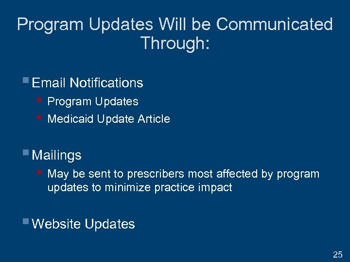 Program Updates Will be Communicated Through: § Email Notifications § Program Updates § Medicaid