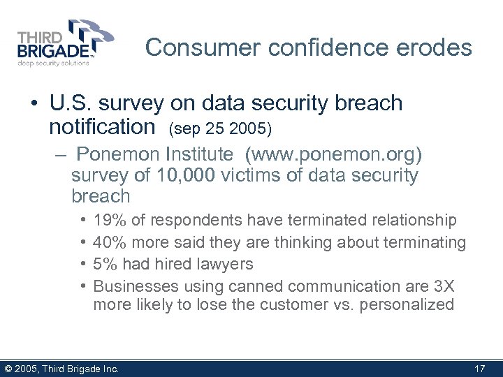 Consumer confidence erodes • U. S. survey on data security breach notification (sep 25