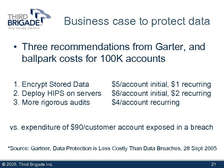 Business case to protect data • Three recommendations from Garter, and ballpark costs for