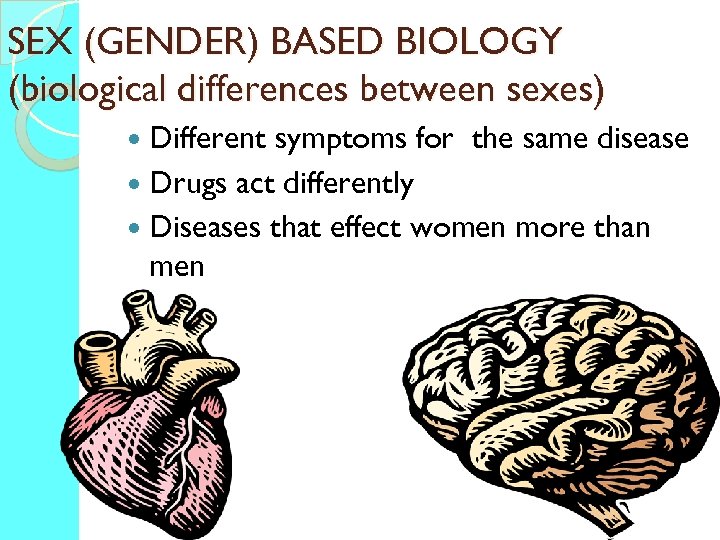 SEX (GENDER) BASED BIOLOGY (biological differences between sexes) Different symptoms for the same disease