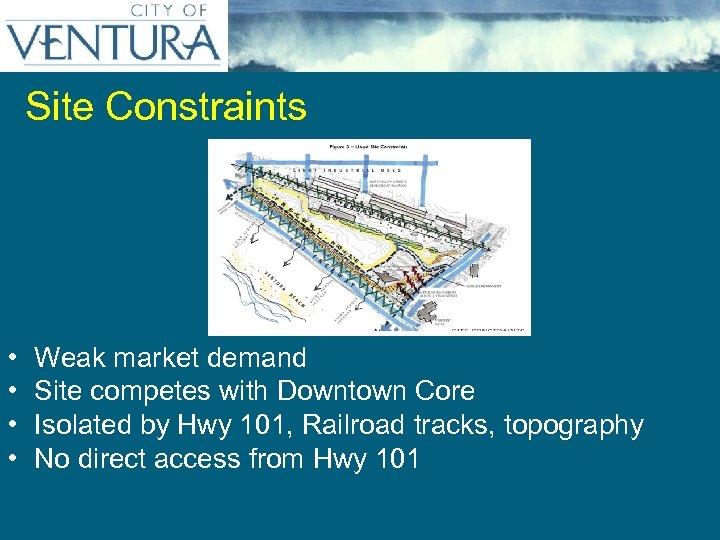 Site Constraints • • Weak market demand Site competes with Downtown Core Isolated by