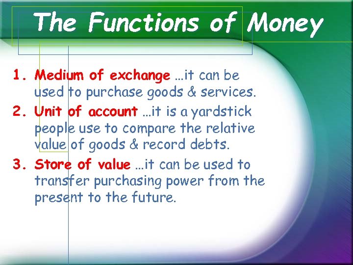 The Functions of Money 1. Medium of exchange …it can be used to purchase