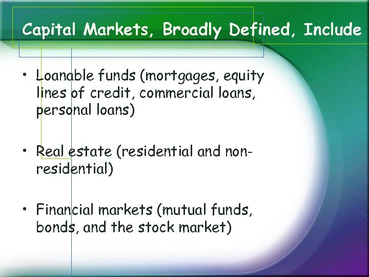 Capital Markets, Broadly Defined, Include • Loanable funds (mortgages, equity lines of credit, commercial