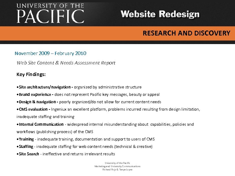 RESEARCH AND DISCOVERY November 2009 – February 2010 Web Site Content & Needs Assessment