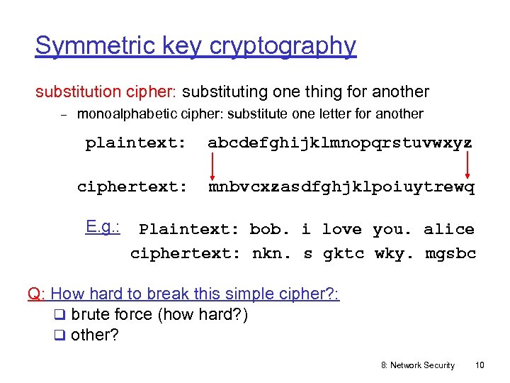 Symmetric key cryptography substitution cipher: substituting one thing for another monoalphabetic cipher: substitute one