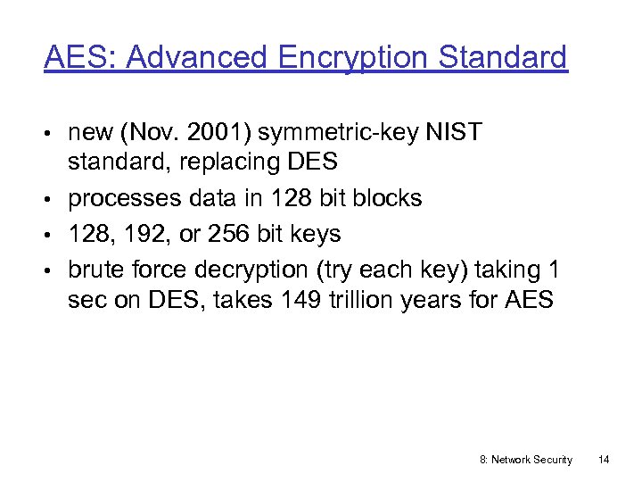 AES: Advanced Encryption Standard • new (Nov. 2001) symmetric-key NIST standard, replacing DES •