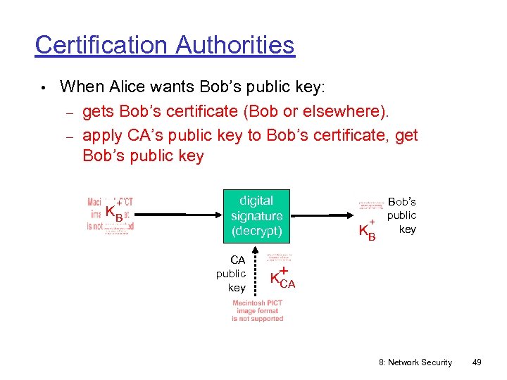 Certification Authorities • When Alice wants Bob’s public key: gets Bob’s certificate (Bob or