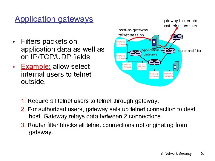 Application gateways host-to-gateway telnet session gateway-to-remote host telnet session • Filters packets on application