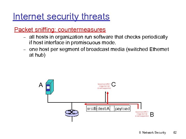 Internet security threats Packet sniffing: countermeasures all hosts in organization run software that checks