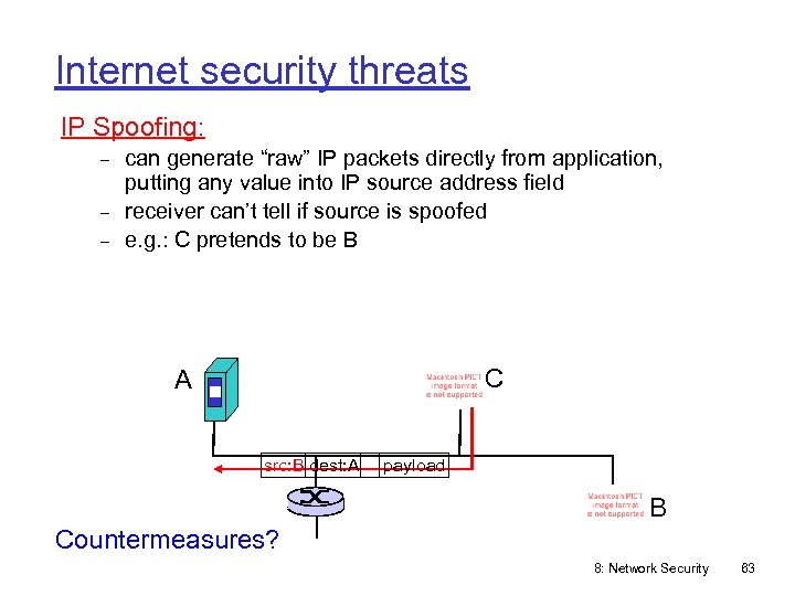 Internet security threats IP Spoofing: can generate “raw” IP packets directly from application, putting