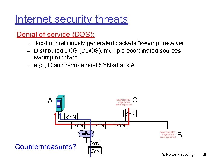 Internet security threats Denial of service (DOS): flood of maliciously generated packets “swamp” receiver